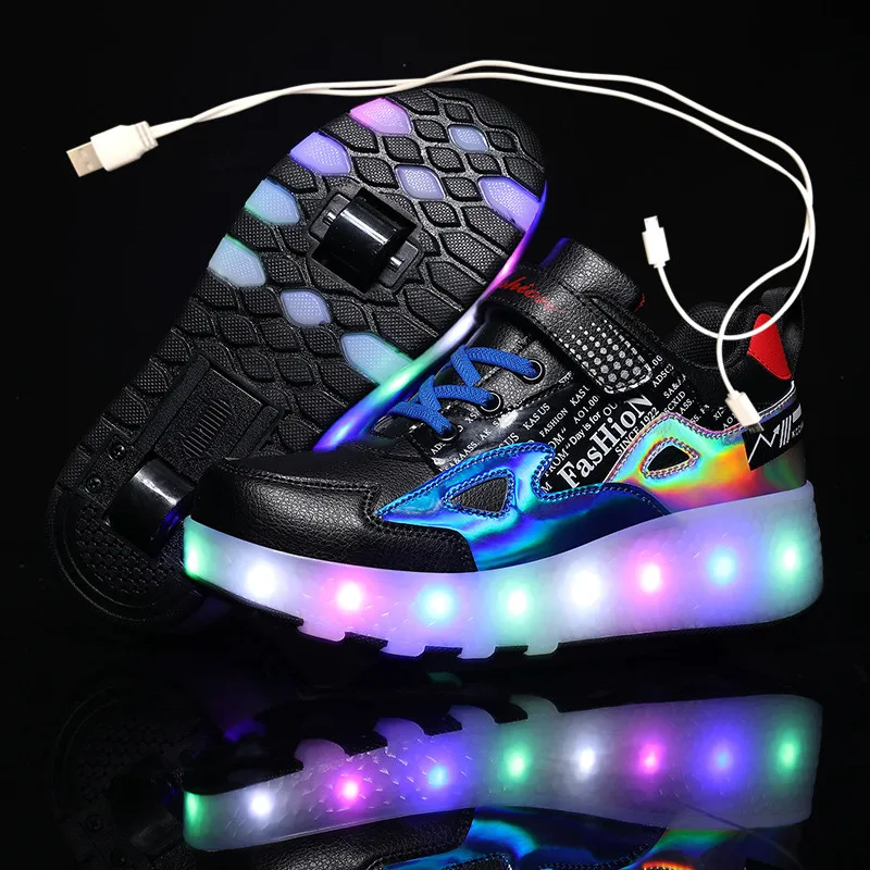 Two Wheels Luminous Sneakers Black Red Led Light Roller Skate Shoes for Children Kids Led Shoes Boys Girls Shoes Light Up 28-43