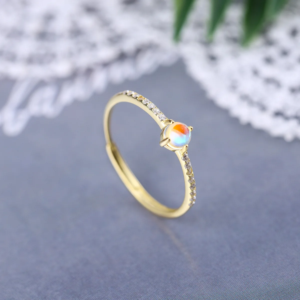 Cincin pasangan batu bulan bulat empat cakar emas 18K sederhana untuk wanita 100% asli perak murni perhiasan hadiah pengantin pertunangan