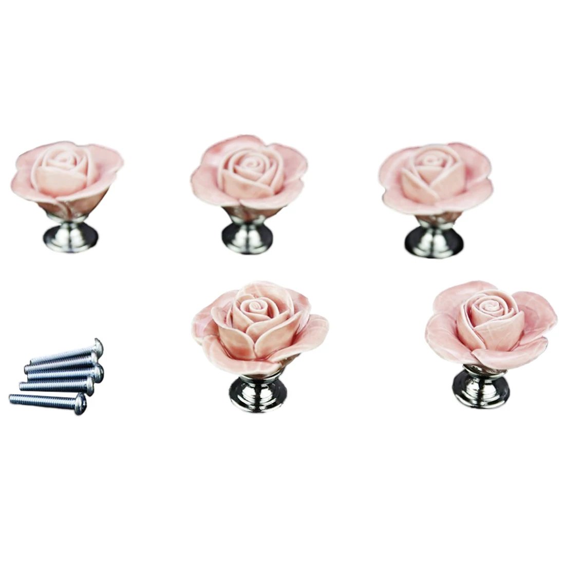 HOT 5 x Pink Door Furniture Ceramic Handle Antique Button Screws Included Elegant Design Rose shaped