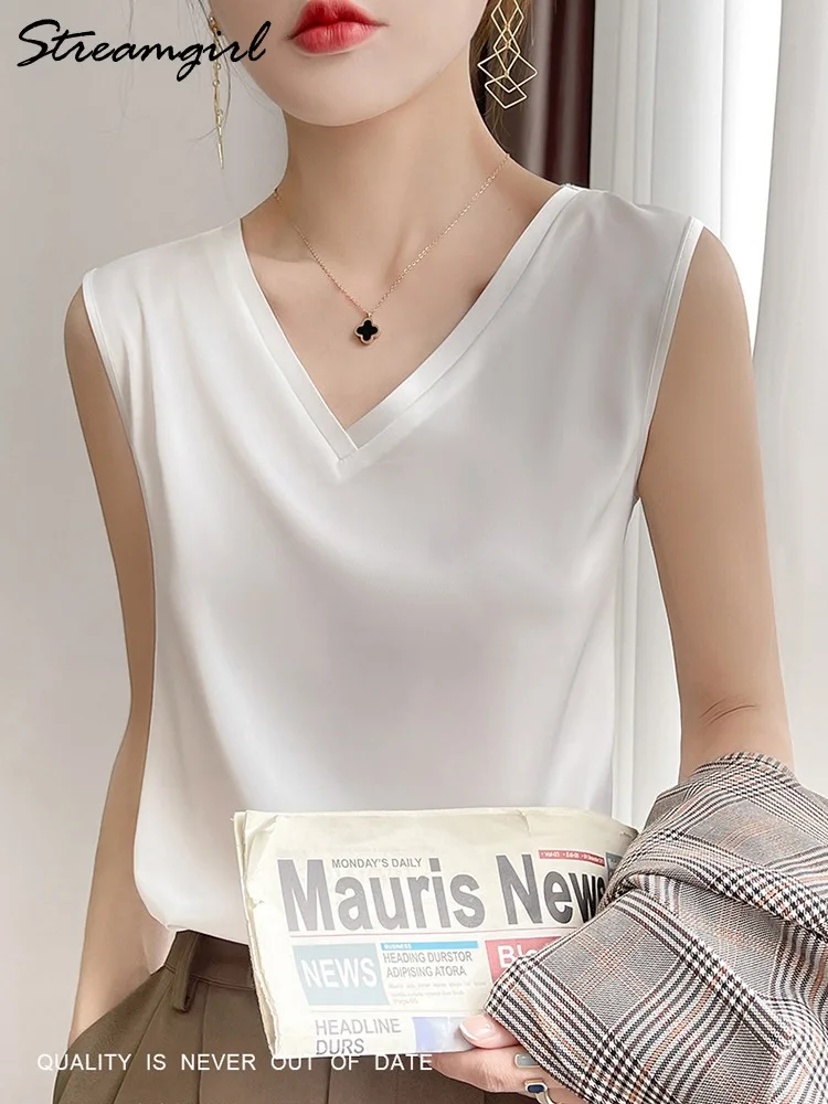 Silk Blouse Women Sleeveless Satin 2022 Summer Basic V Neck White Blouses Sleeveless Silk Summer Clothes For Women Blouses Black