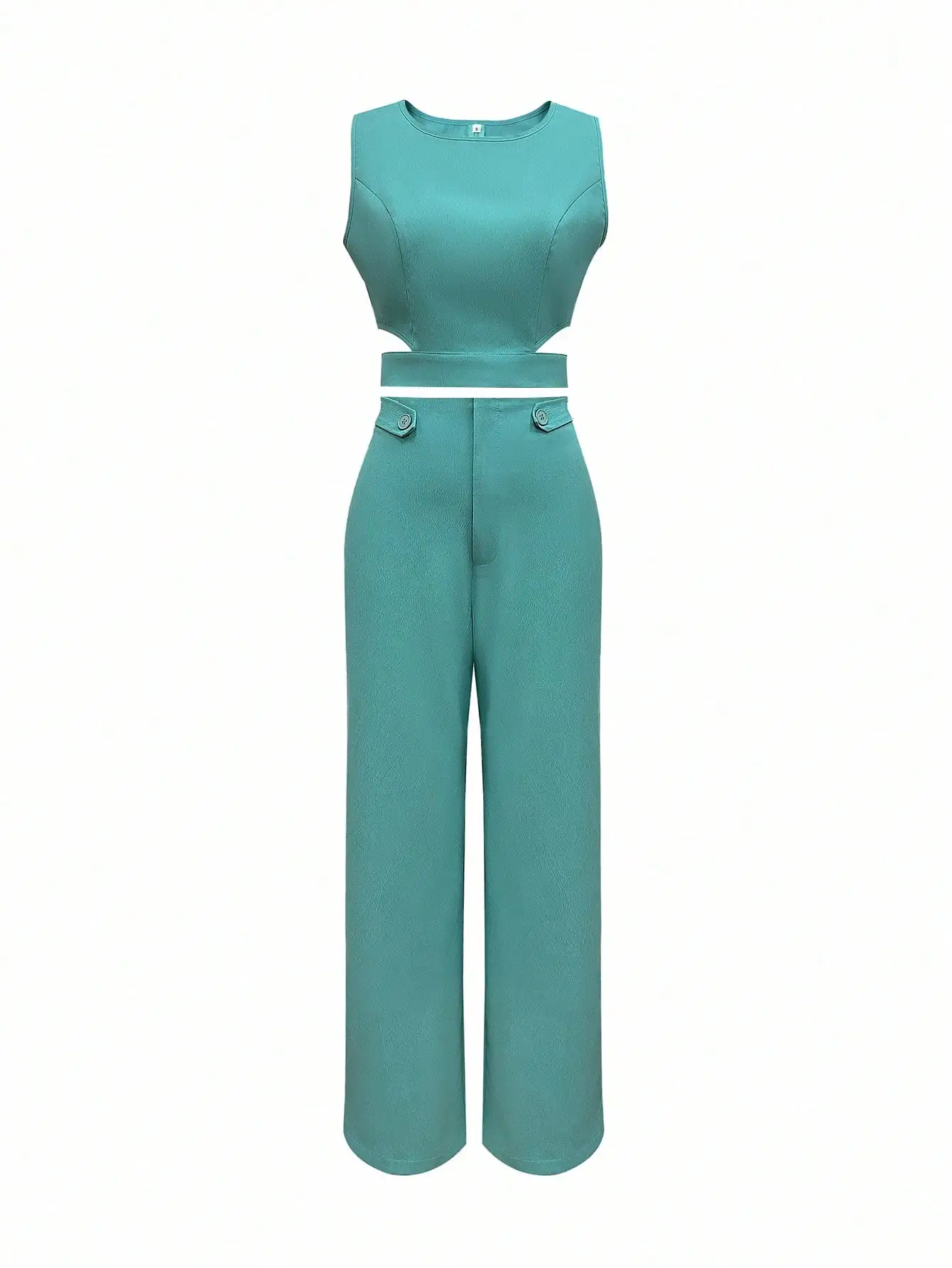 ชุดเซ็ตเสื้อครอปตัวสั้นสีเทอร์ควอยซ์แบบเว้า 2 ชิ้นสำหรับผู้หญิง และกางเกงขายาวเอวสูงทรงขากว้าง