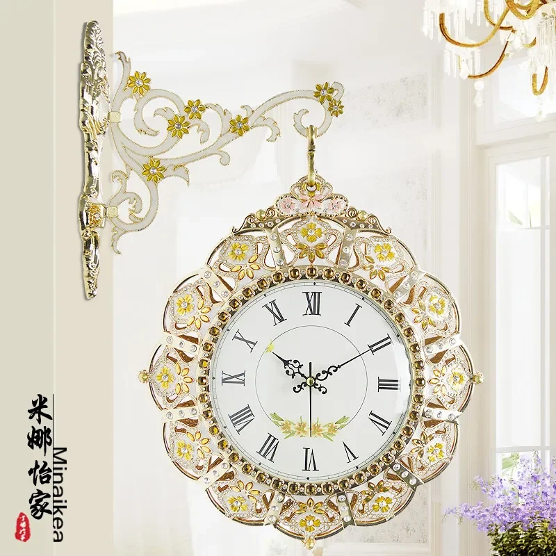 Korean Style Double Sided Wall Clock Modern Living Room Large Silent Quartz Timepiece Simple Creative Pastoral Metal Decor