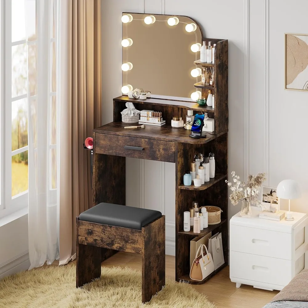 

Small Makeup Vanity Desk with Mirror and Lights, Mini Vanity with Chair and Charging Station, 3 Color Lighting Modes