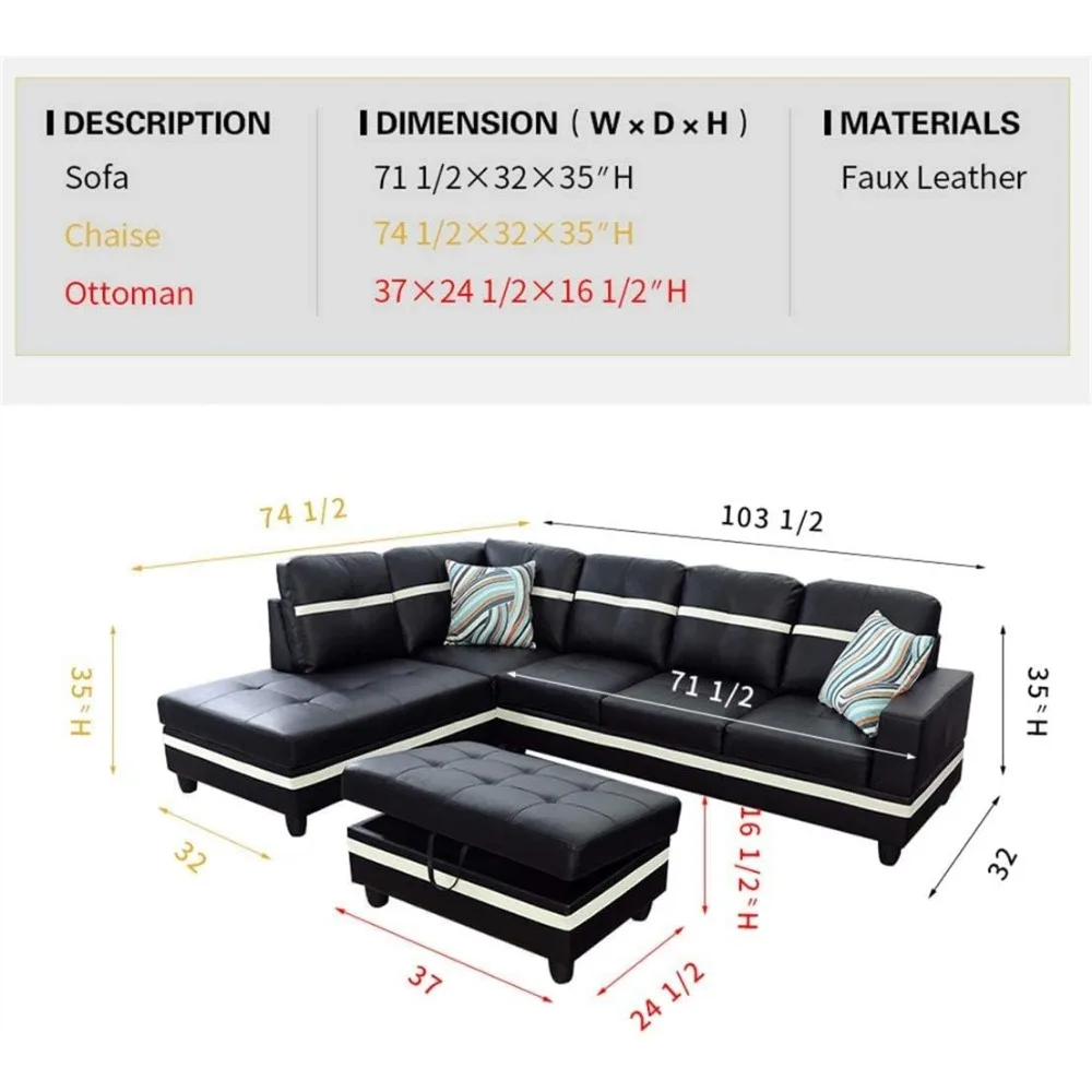 3PCS L Shape Faux Leather Sectional Sofa Set, Living Room Sofa Set with Storage Ottoman and Matching Pillows