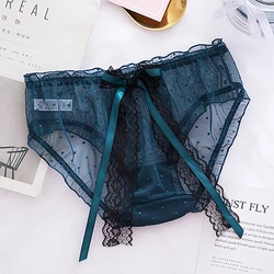 Polka Dot Mesh Underwear For Women Cute Buttocks Long Ribbon Bow Girl Panties Transparent  Lace Briefs Sexy Low-waisted Knickers