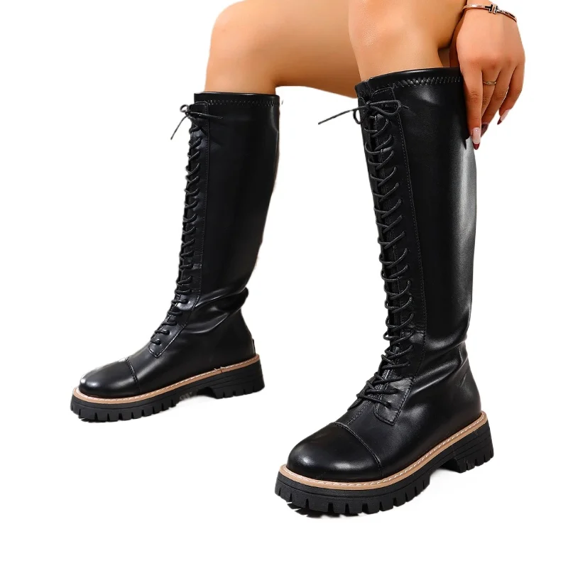 

Осень-зима 2022, женская обувь большого размера, элегантные темпераментные длинные сапоги, увеличивающие рост, модные нескользящие рыцарские сапоги на шнуровке