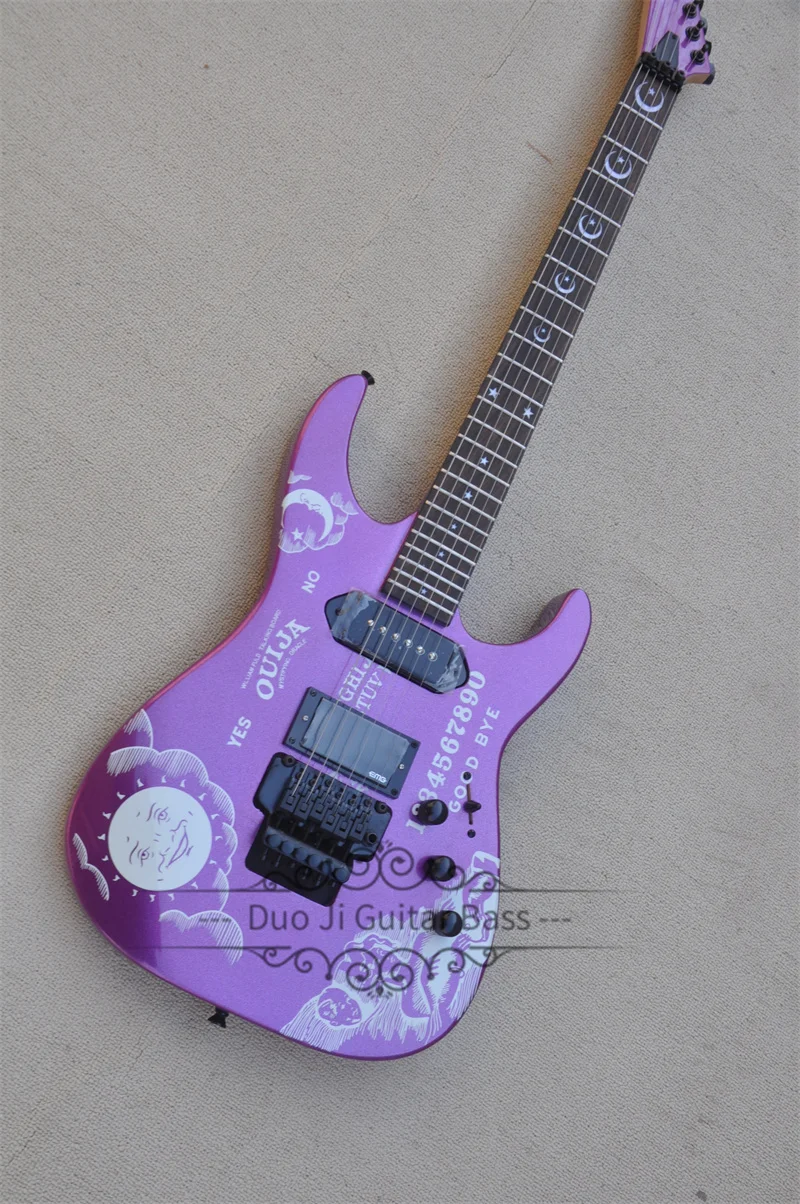 Metal purple guitar, Tremolo bridge, solid wood body rosewood fingerboard, star and crescent inlaid，black tunes