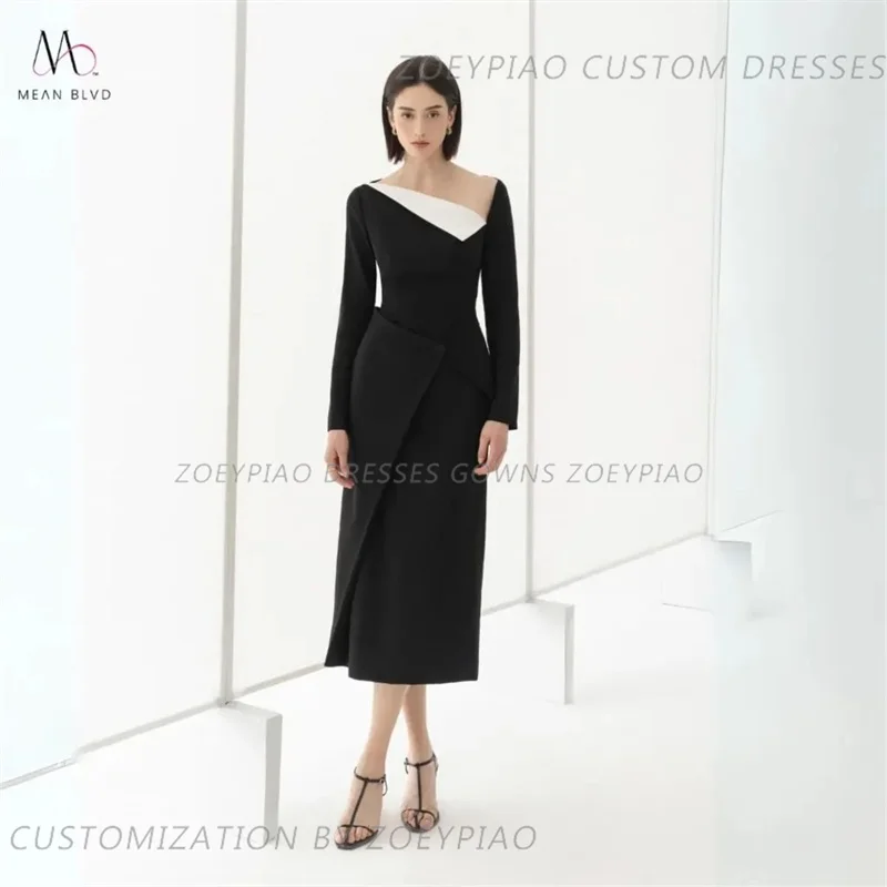 Vestido de noite formal com duração de chá, vestidos casuais, mangas completas, cetim fosco elástico, preto ou branco, festa, 2024