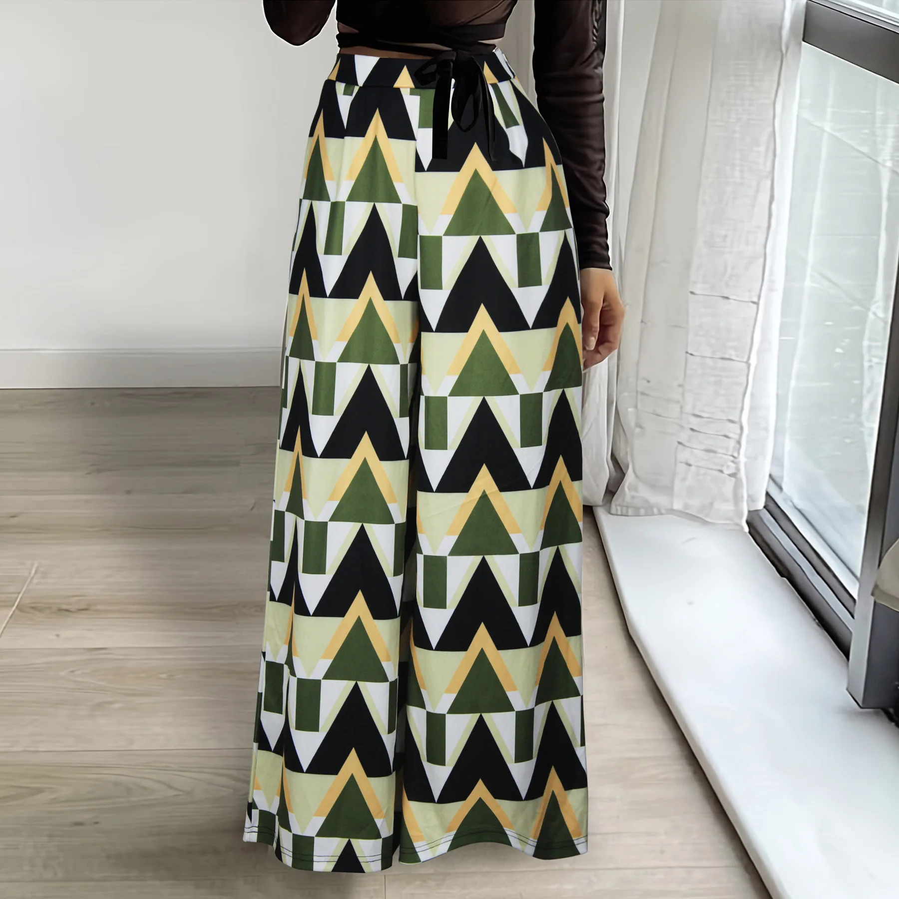 Spring Fall Fashion Loose-Fit High-Waisted Wide-Leg Pants European and American Style Geometric Print Straight-Leg Casual Pants