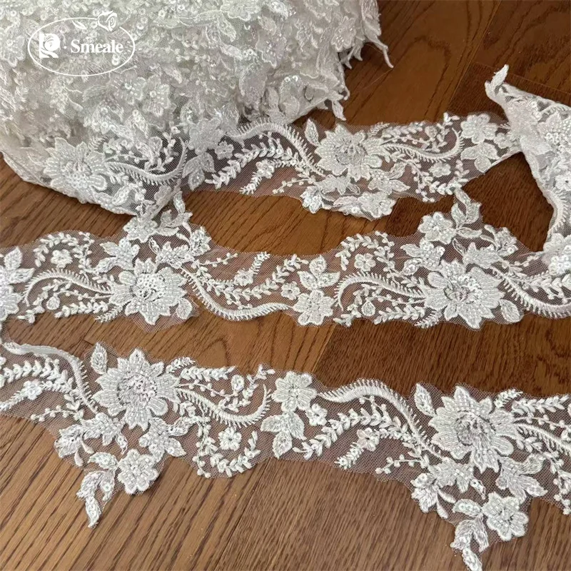 3 Yards hochwertiger weißer Perlenstickerei-Spitzenkopfschleier, Hochzeitskleid, dekorative Accessoires, handgefertigte Spitze zum Selbermachen – Detail 2