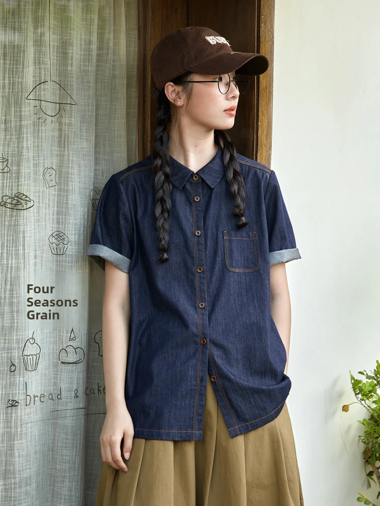 

Original Pure Cotton Denim Shirt Women Summer Loose Casual Versatile Turn-down Collar Short Sleeve Top Summer Breathable Skin...