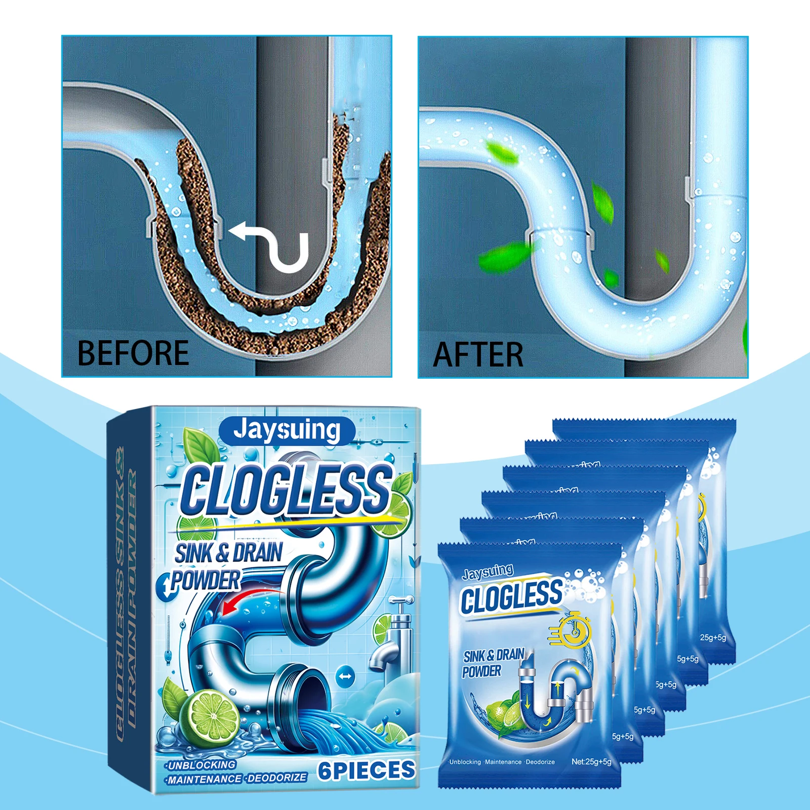 Drain Clog Remover Powder - Kitchen Bathroom Floor Drain Pipe Cleaning Stain Removal Odor Reducing, Powerful Sink and Sewer Unblocker Cleaner for Hair, Grease, Food Waste, Fast Acting Foaming Pipe Declogger, Septic Safe Plumbing Cleaner for Shower Toilet