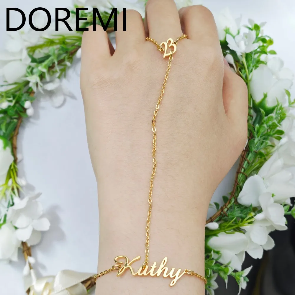 

Классический браслет и цепочка для пальца из нержавеющей стали DOREMI с гравировкой 2 имен, водонепроницаемое украшение, подарок-браслет