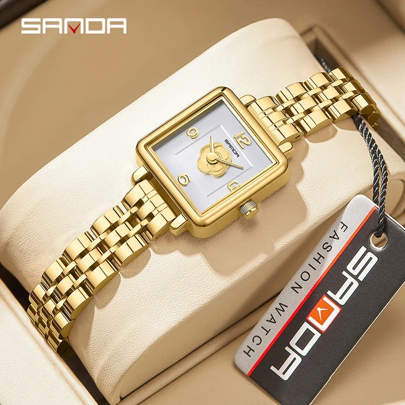 SANDA New Watch For Women Design Fashion Rose Square Dial Water Resistant Swiss Quartz Business Women Elegant Analog Wristwatch