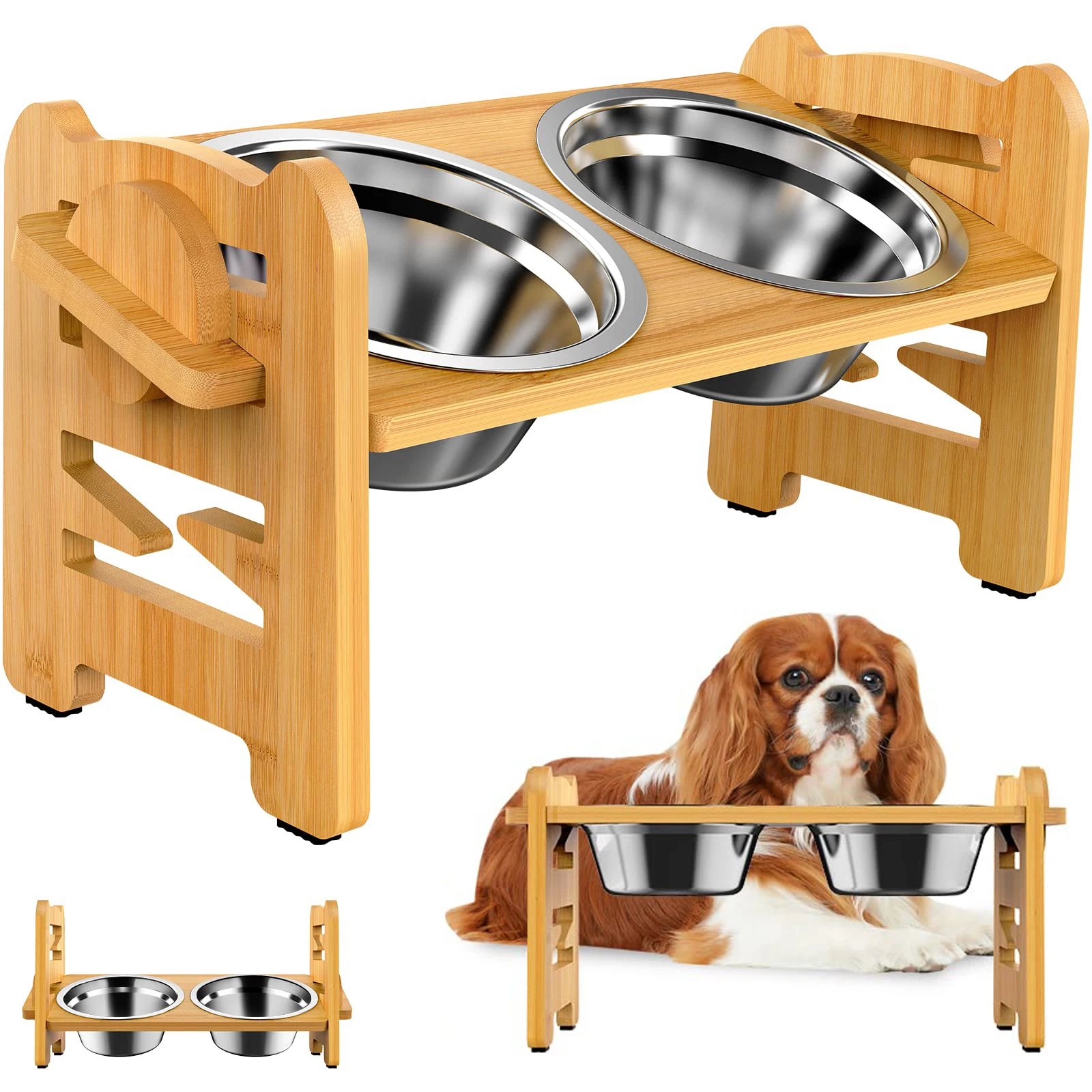 Pet Dog Bowl Feeding and Water Elevated Adjustable Dogs Cat Feeder Stand with Stainless Steel Food Bowls Puppy Dog Accessories