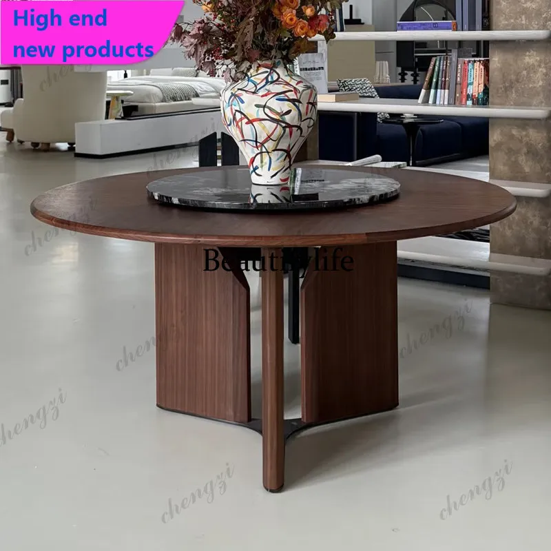 Medieval solid wood designer round dining table household high-end marble turntable walnut dining tableA68