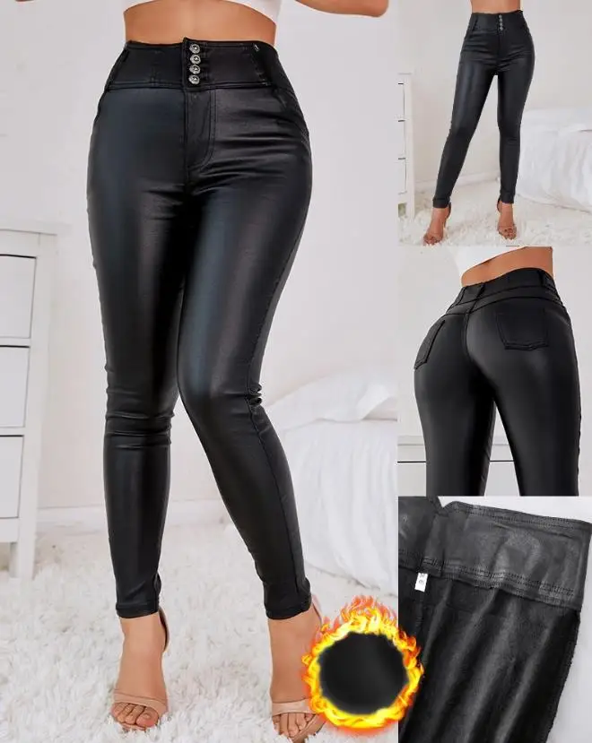 

Black Premium Pu Leather Button Design with Wool Lining High Waisted Slim Fit Sexy Versatile Fashion Tight Fitting Leather Pants