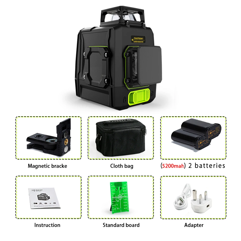 Livella laser 3D a diodi laser tedeschi con linee verdi, 2 linee di lavoro separate a 360° e batterie al litio da 5200 mAh
