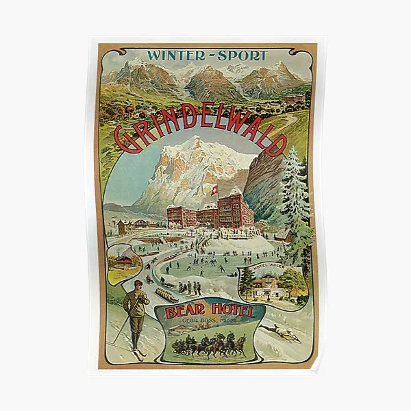 Vintage Grindelwald Swiss Winter Sport T  Poster Modern Funny Wall Picture Room Mural Print Home Art Painting Vintage No Frame