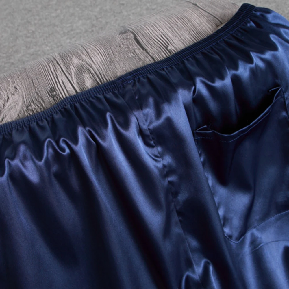 ชุดนอนผ้าไหมซาตินเอวยืดได้สำหรับผู้ชายกางเกงขาสั้นมีกระเป๋ากางเกงชุดนอนผ้าไหมเทียมใส่ในบ้าน