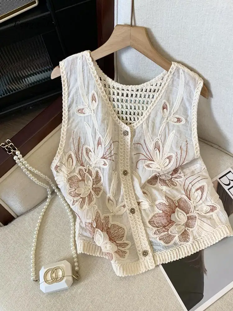 Elegant Hollow Out Embroidered Vest Women's Summer Retro Backless Top Silk Straight Cut Korean Style Commute Fashion