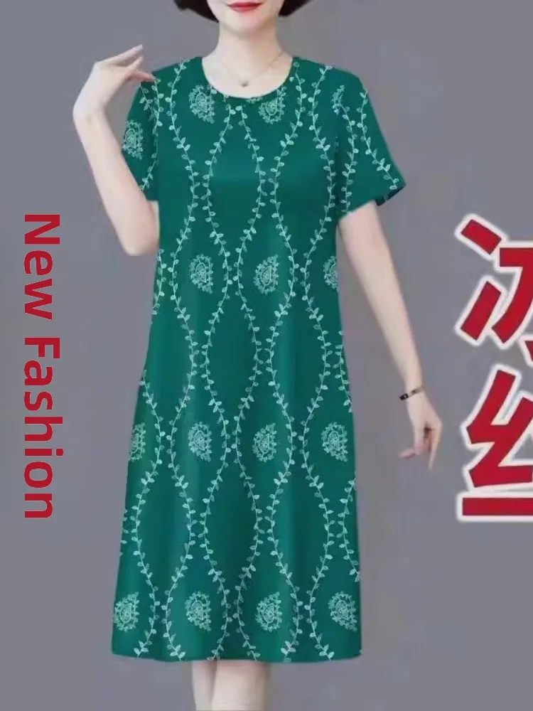 Ele Ice Silk ort Sve Print Dr for Middle-Aged And ly Women Loose Sle Faionable Mom Clothes with kets