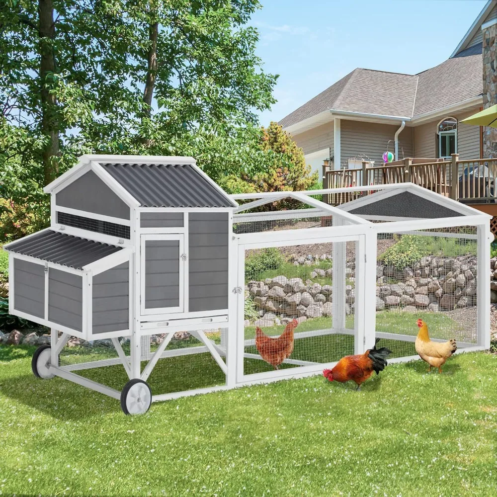 Large Wooden Chicken Coop with 2 Wheels, Outdoor Poultry Cage, Running Track, 2 Nested Boxes, 95x31.5X47.3