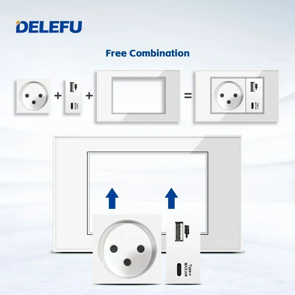 DELEFU White Tempered Glass Israel Standard USB Type C Fast Charging Wall Socket Light Switch Satellite TV Tel CAT5 CAT6