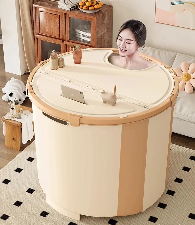 

Cream Style Adult Folding Bath Bucket with Lid for Adults Home Use Insulated Full Body Bath Bucket
