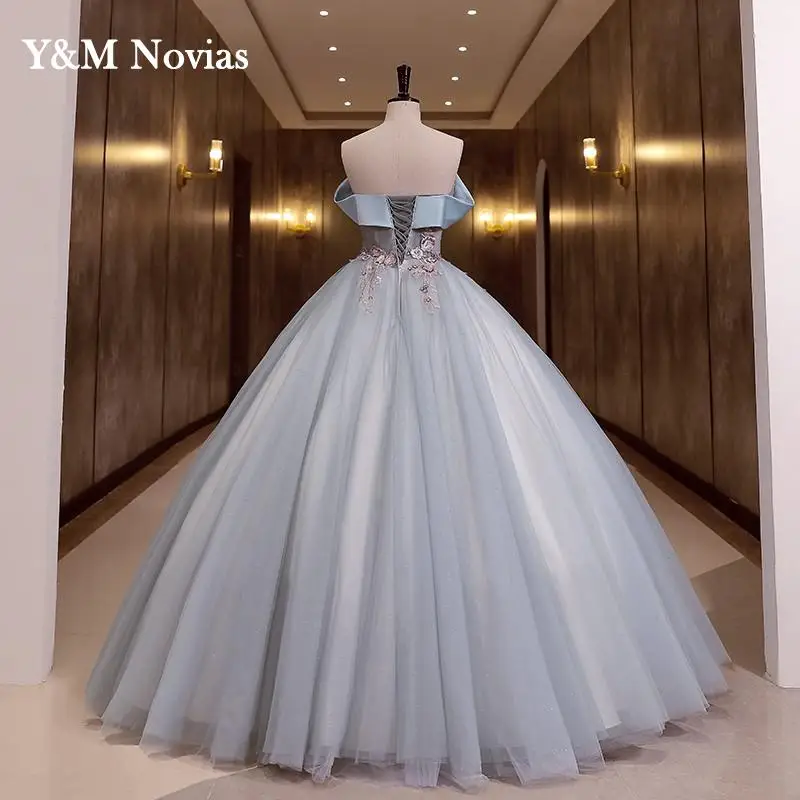 Y & M-Robes de Quinceanera Gillter à épaules dénudées pour filles, robe de Rhbleue, robe de princesse Sweet 15, grande taille, vidéo réelle