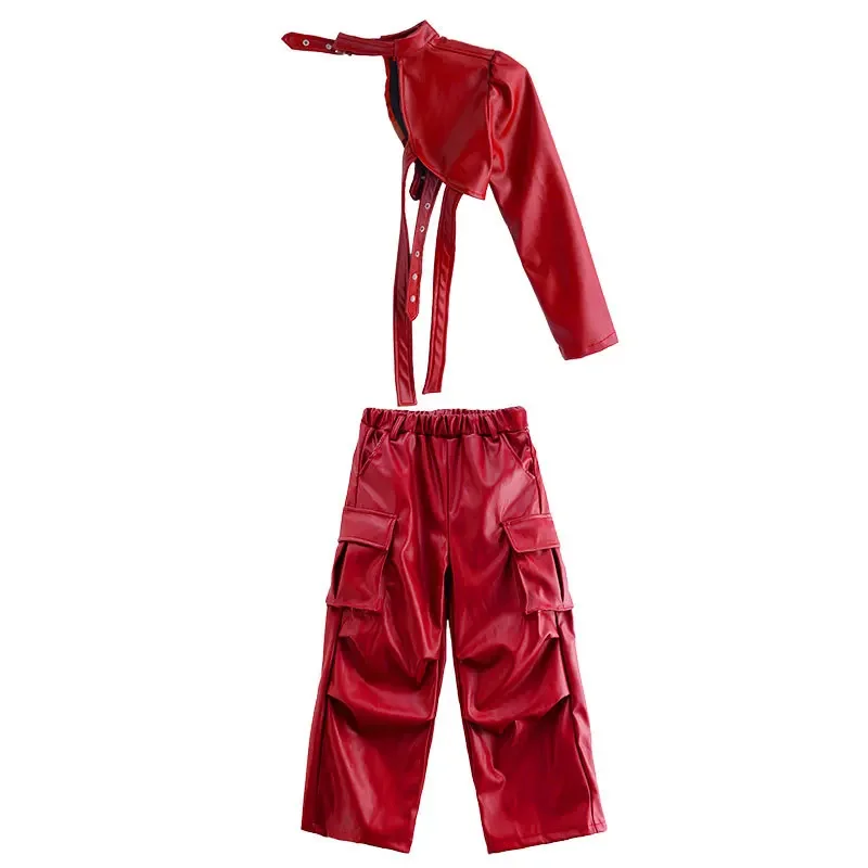 Traje de Hip Hop rojo para niñas, Top corto, cubiertas de brazo rojo, pantalones de cuero para mujeres, ropa de Jazz, conjunto de escenario de baile callejero, novedad de 2025