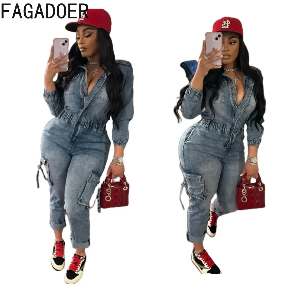 FAGADOER Cargo Pockets Patchwork Denim Jumpsuit Women Y2k Streetwear Stretchy High Quality Jean Overalls Autumn Winter Fashion