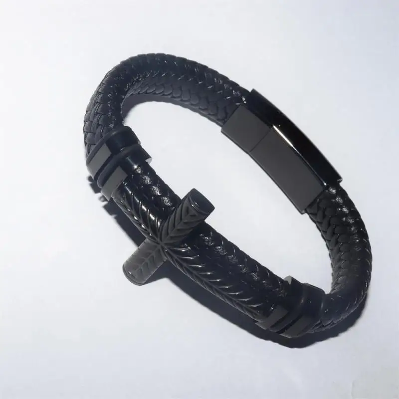 Classic Cross Leather Bracelet for Men Metal Magnetic Clasp Armband Man Bracelet with Cross