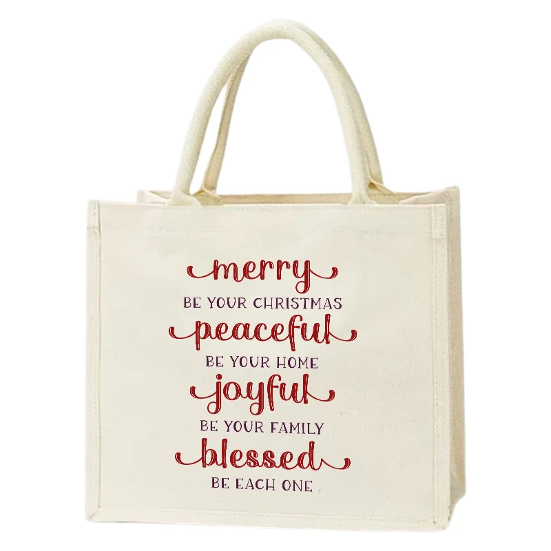 Christmas Blessings Printed Women's Canvas Handbag Large Capacity Girl Shopping Shoulder Bag Reusable Casual Shopping Handbag