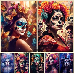 Mexican Girl Day of The Dead Gothic Catrina Sugar Skull Canvas Painting Posters and Prints Wall Art Picture for Room Home Decor