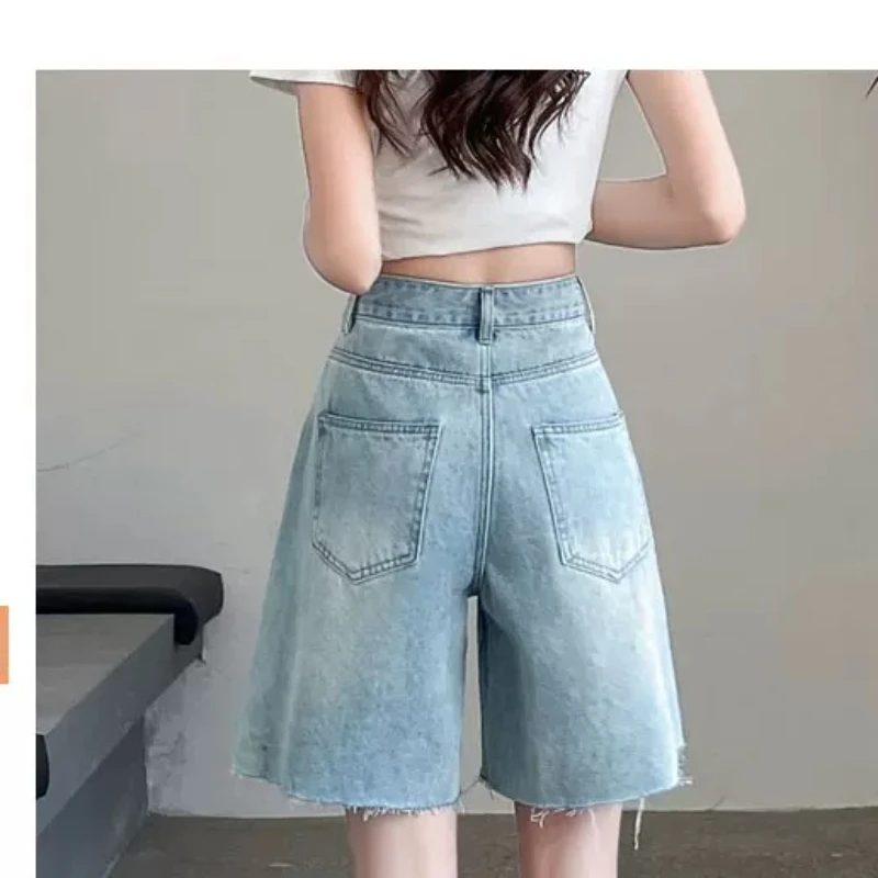Fashion Women with Rhinestone Jeans Thin Shorts Loose Breathable Five-Quarter Pants Starry Glittering Slim Fit Straight Pants