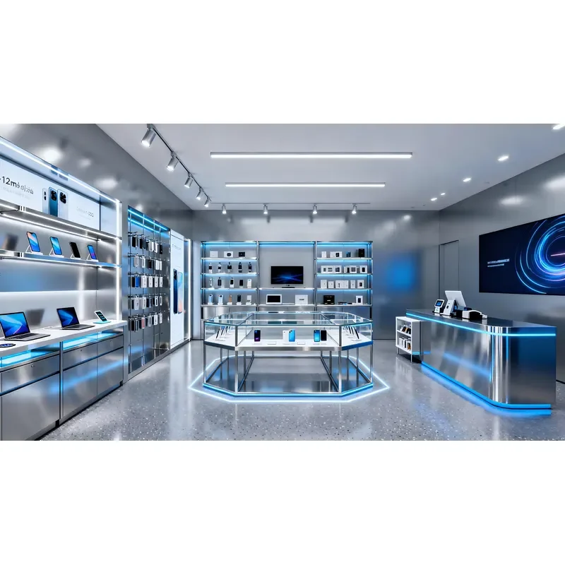 Fashion Mobile Phone Glass Display Showcase Counter LED Lighting Stainless Steel Heavy Frame for Retail Store