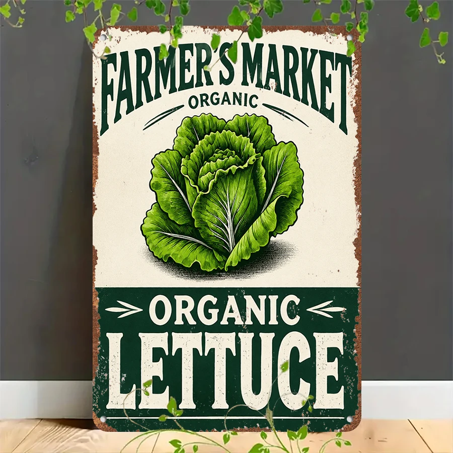 2D flat retro metal tin plate,  Vintage Farmers Market Organic Lettuce Sign, Suitable for home, garage, café, bar and garden decoration