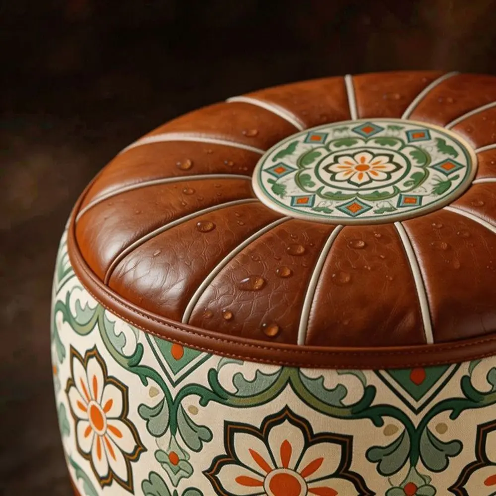 PU Leather Fillable Ottoman Pouf Embroidered Pattern Moroccan Style Round Pouf Cover Round Shape Floor Seat Cushion Living Room