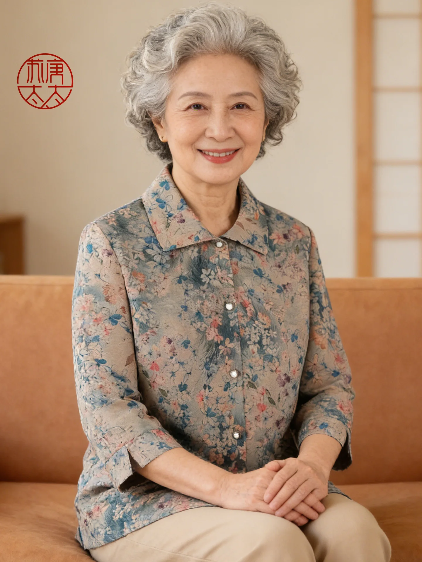 

Ele Floral Print irt for Older Women Summer Thin Seven Sve Turn-down Collar Breathable Lightweight Loose Fit andmo...