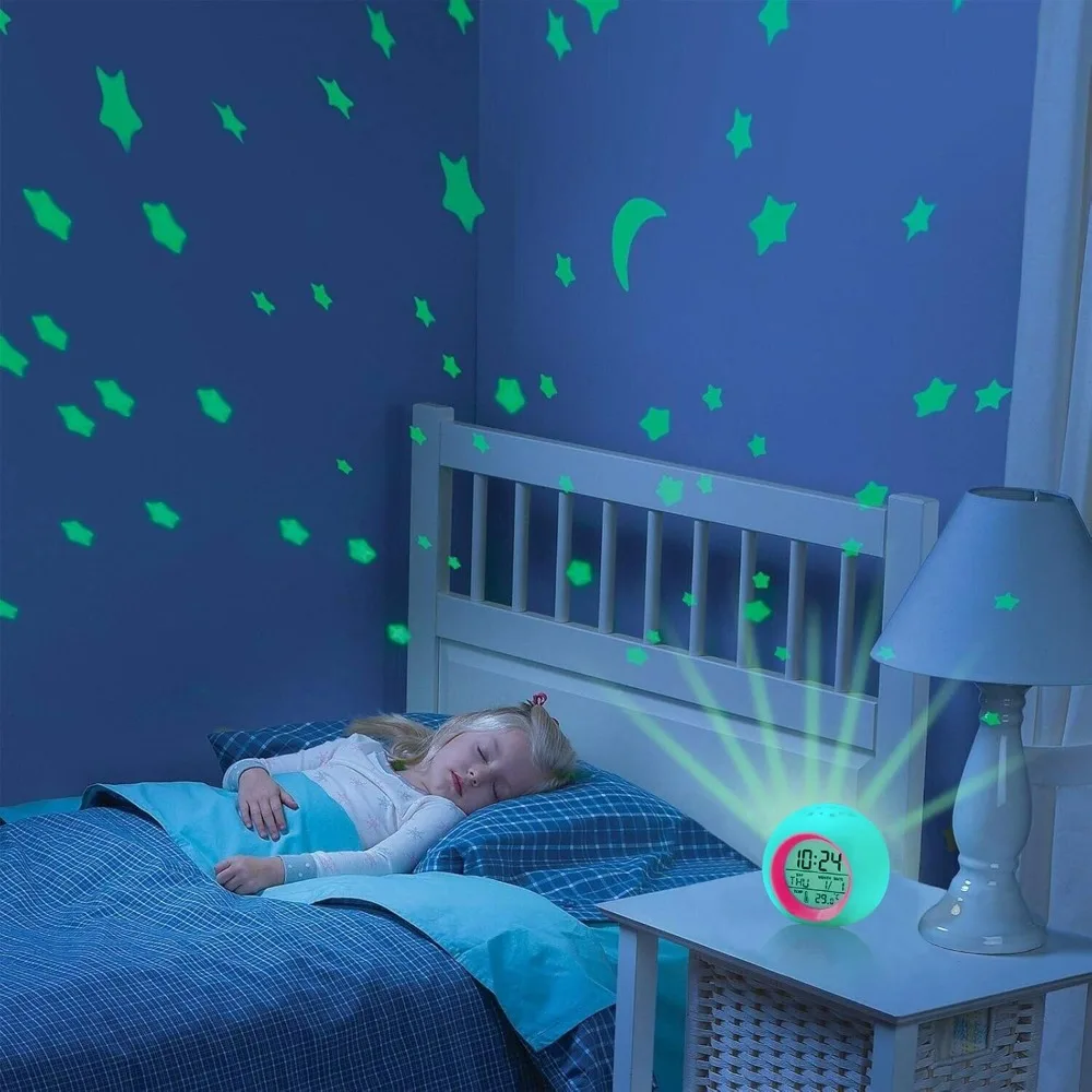 

Alarm Clock, Moon Stars Projector Alarm Clock, 7 Color Changing Night Light, Snooze Touch Control Temperature, Alarm Clock