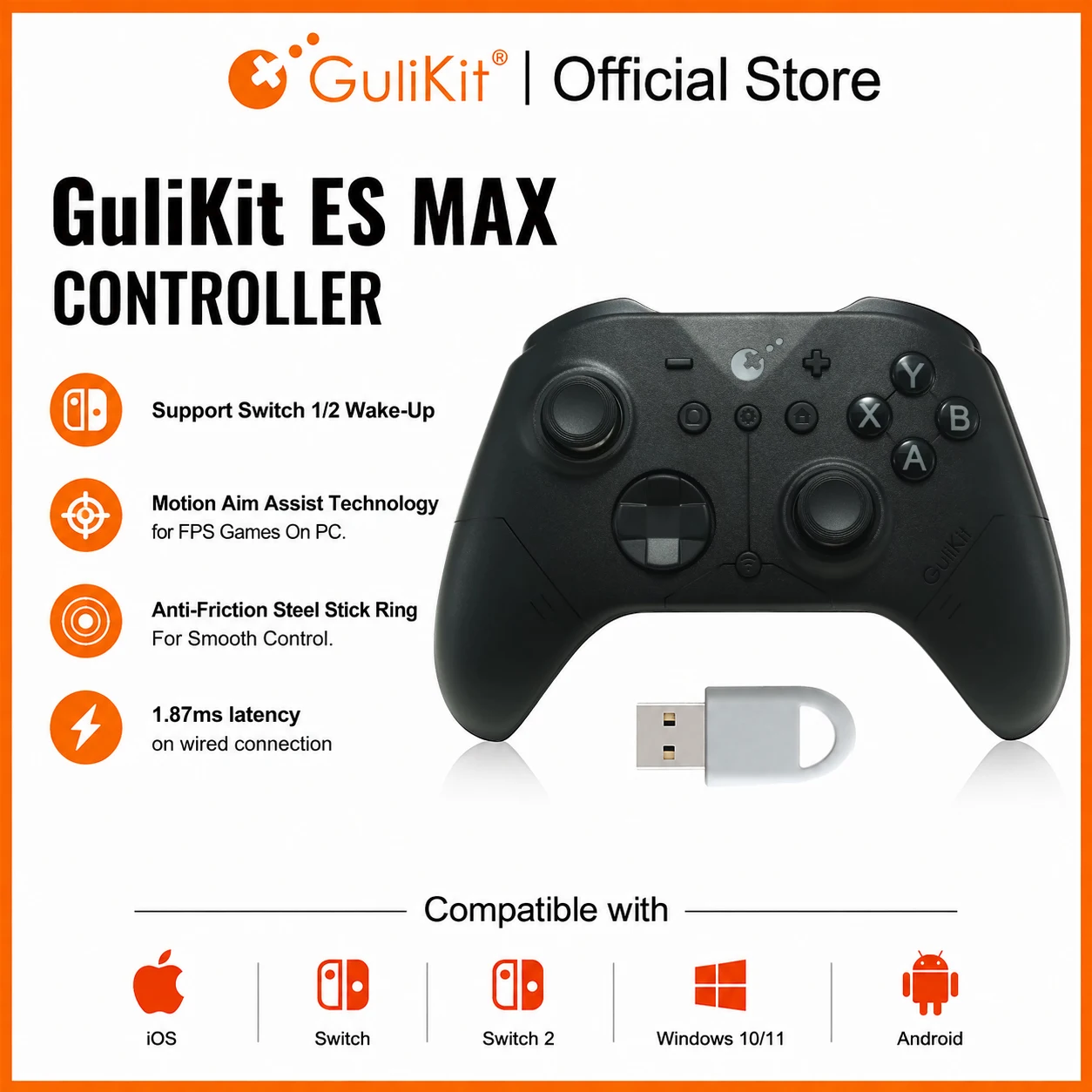 GuliKit ES MAX Gaming-Controller Bluetooth Kabellos & Kabelgebunden Gamepad für Windows Steam Switch 1/2 Android mit TMR-Joysticks