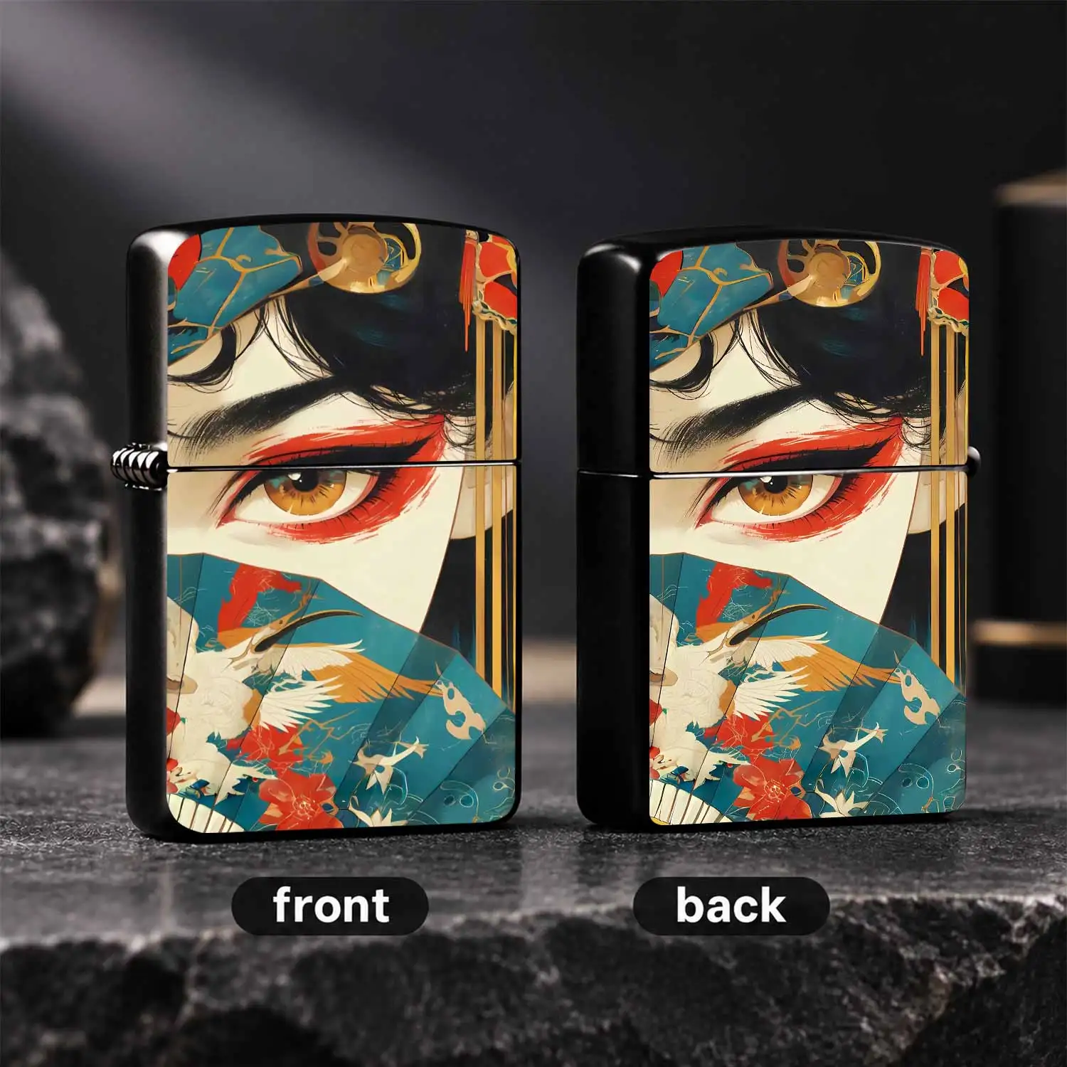 Eastern style Style Peking Opera Inspired With Red Makeup Eye Pattern, Retro Turquoise Fan With White Crane Gold Red Design, PORTABLE Durable Windproof Flame For Gift Daily Outdoor Use Art A fun and humorous lighter