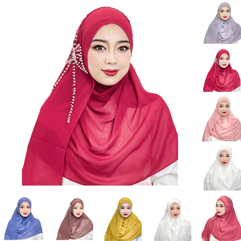 Muslim Big Bow Hijab Beaded Hijab Send Decorative Arab Hijab Women Hijab Shiny Soft Easy to Wear Hijab Turkey Head Wrap Scarf