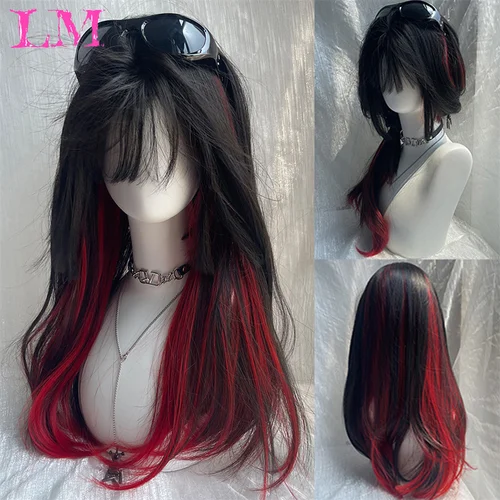 LM Peluca de Cosplay larga y recta para mujer, pelucas de pelo sintético resistentes al calor para fiesta de disfraces, color negro y rojo
