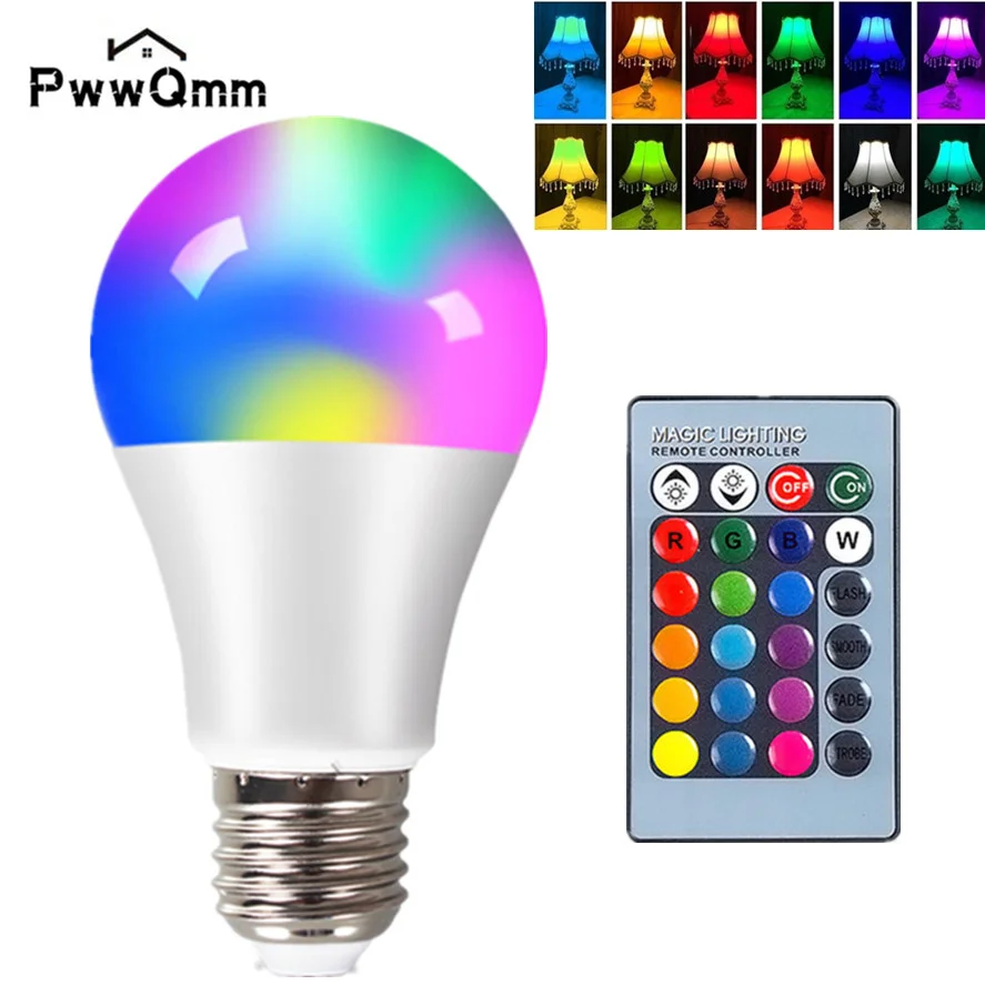 RGB LED E27 램프 스포트라이트 전구 AC 85-265V Bombillas LED 4W 10W 15W IR 원격 제어 Led 전구, 스마트 Led RGBW 램프 홈 장식