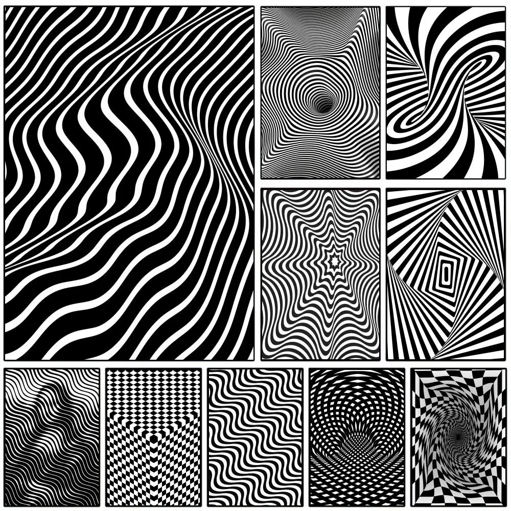 （2D Canvas painting） Black And White Optical Illusion Waves Poster HD Art Sticky Wall Waterproof Home Living Room Bedroom Bar