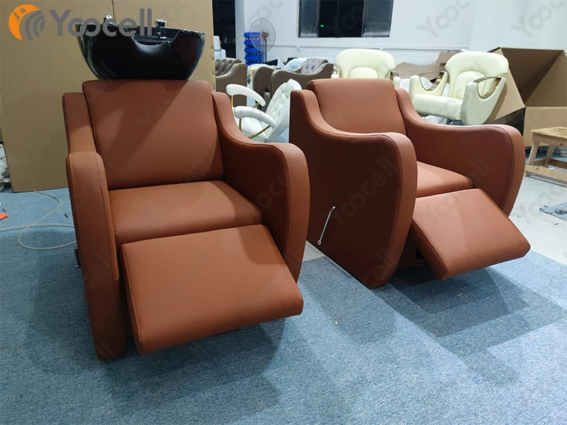 Yoocell muebles de salón de color caramelo, estación de champú, fregadero y silla, unidad de lavado de champú, peluquería con reposapiés