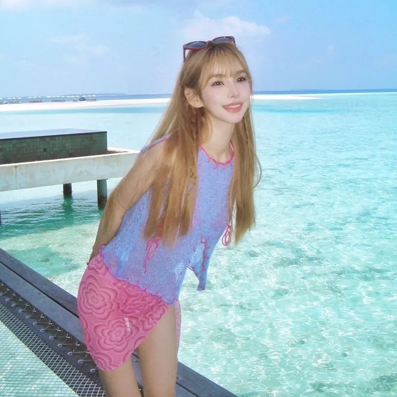 New Style Korean Women's Bikini,Stylish Fresh Three-Piece Coquettish Vibe Knit Cover-Up Swimwear for Beach Vacation Photo Shoots