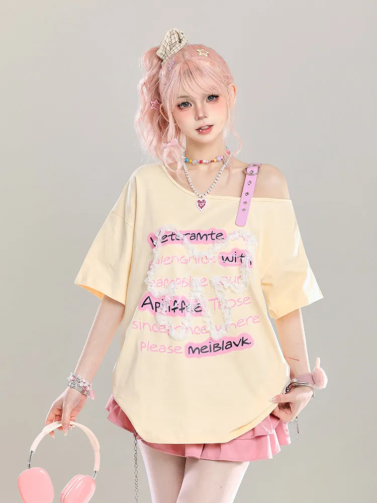 

High Quality Hot Selling Wholesale Summer Sweet Bow Lace Off Shoulder Short Sleeved T-shirt Loose Sloping Shoulder Top Women Y2K